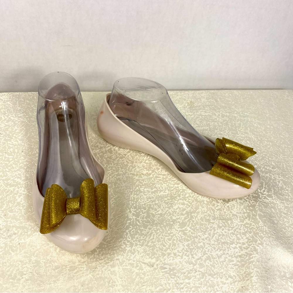 Melissa Flats Women’s 7 Shoes Nude Gold Glitter Bow Jelly Rubber Ballet
